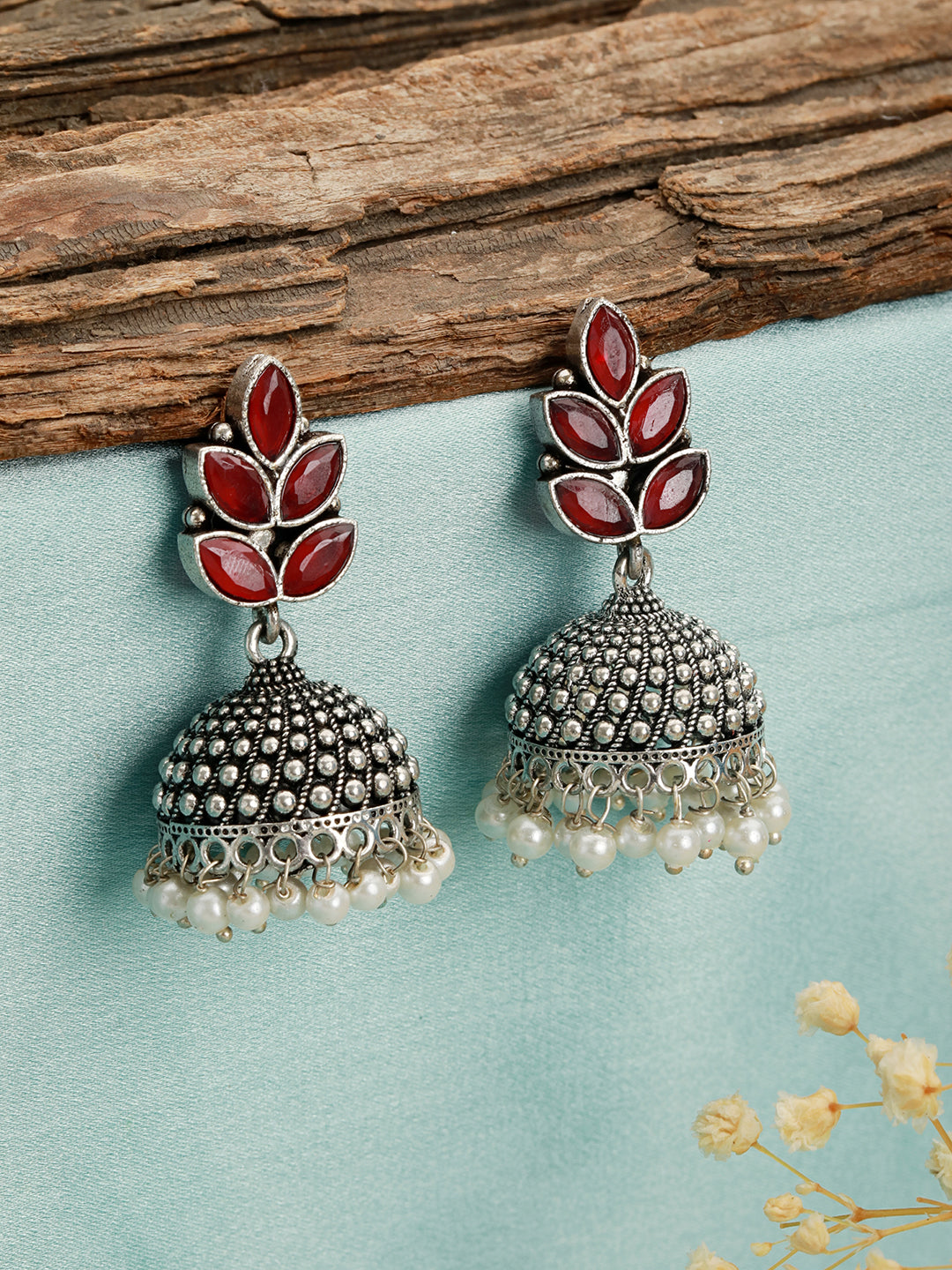 Silver-Plated Pearl Beaded & Maroon Stone Studded Handcrafted Dome Shaped Jhumkas - Jazzandsizzle