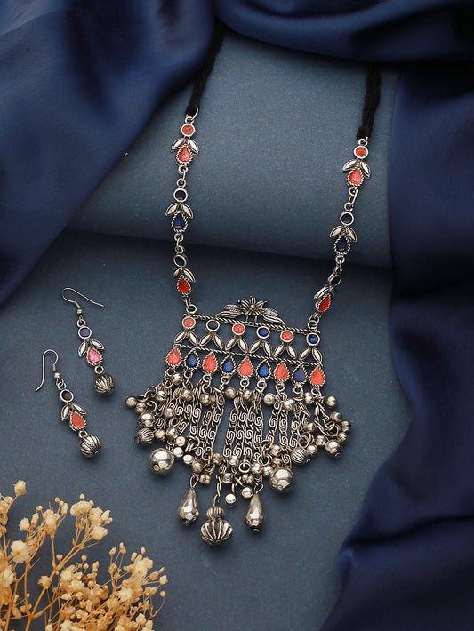 Silver-Plated Oxidised Enamelled & Beaded Necklace & Earrings - Jazzandsizzle