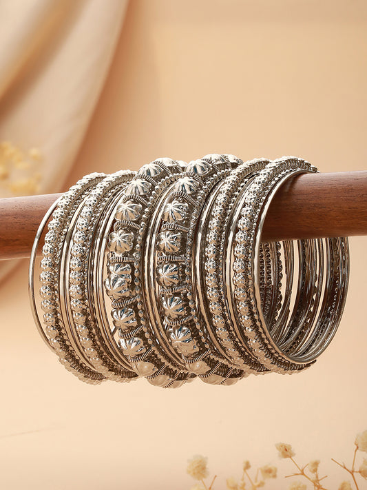 Set of 18 Silver-Plated Textured Oxidised Bangles Set - Jazzandsizzle