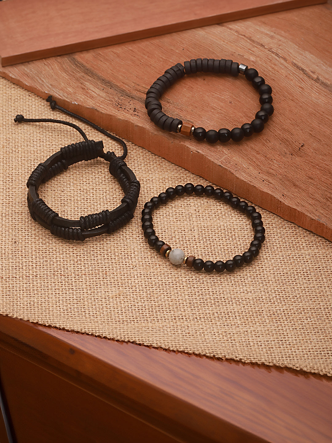 Jazz And Sizzle Men Set of 3 Black Beaded Elasticated & Leather Wraparound Bracelet