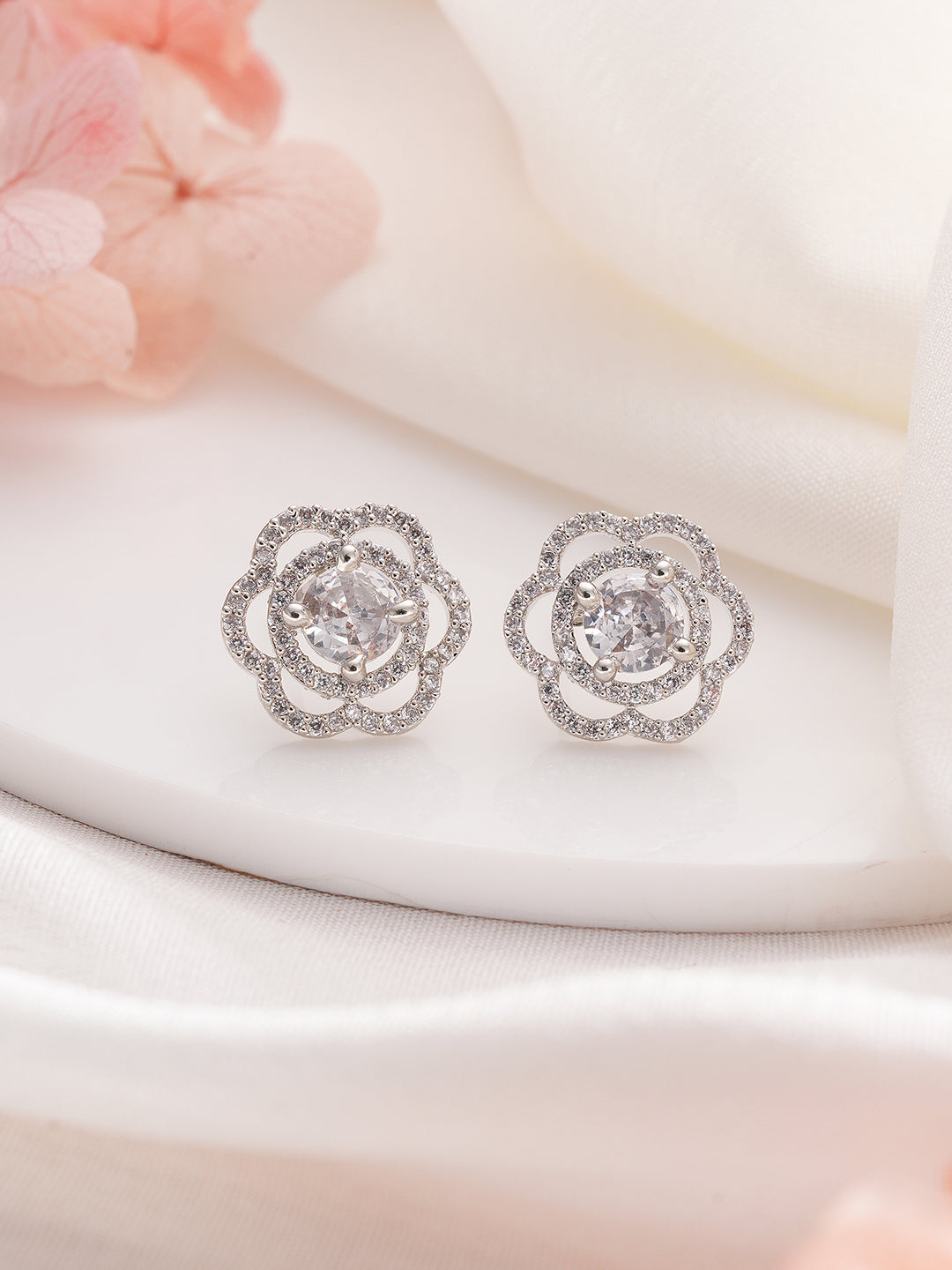 Jazz And Sizzle Silver Rhodium-Plated Floral Studs Earrings