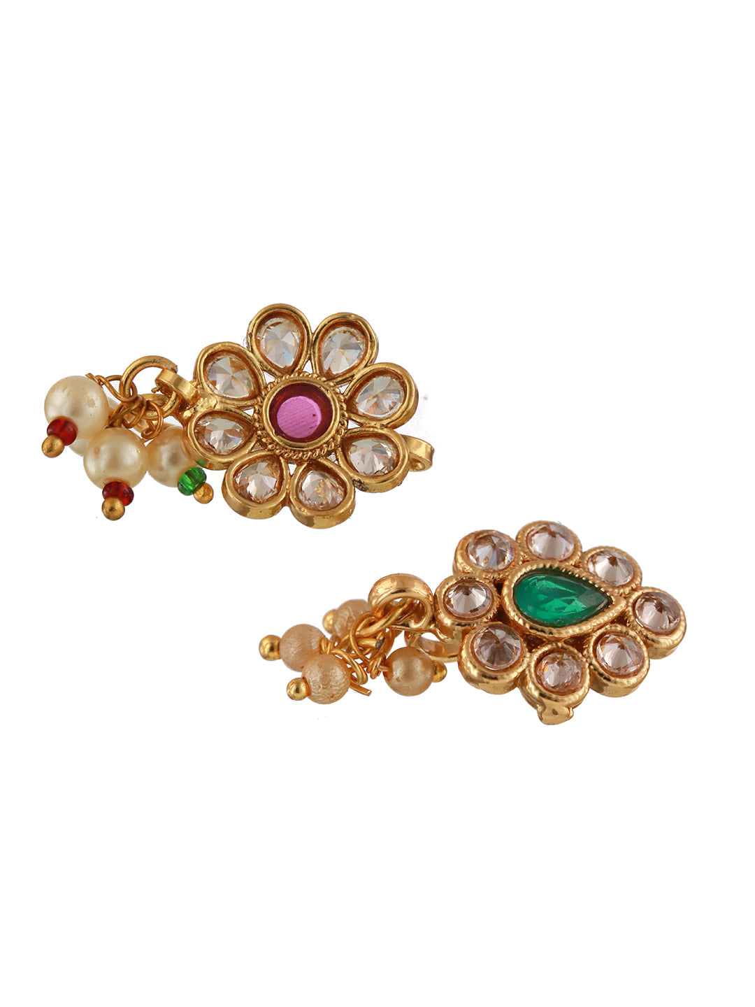 Set Of 2 Gold-Plated Red & Green Kundan Studded Flower Nose Pin - Jazzandsizzle