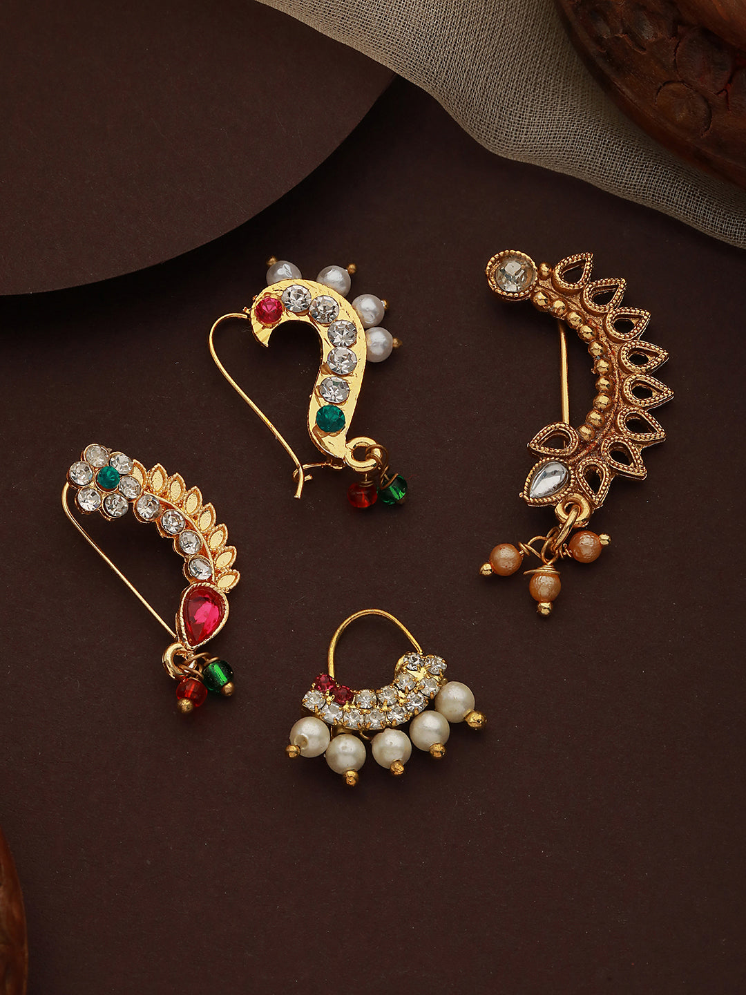 Set Of 4 Gold-Plated Stone-Studded & Beaded Nosepin - Jazzandsizzle