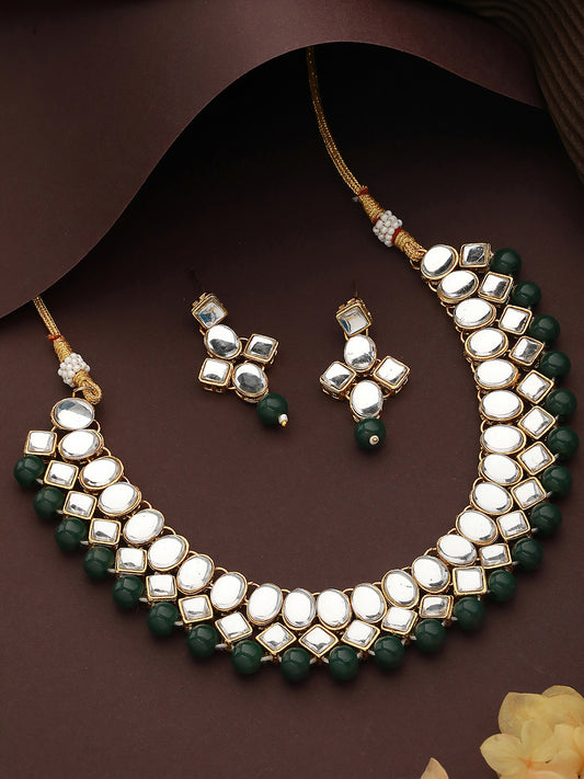 Gold-Plated Kundan-Studded & Beaded Jewellery Set - Jazzandsizzle