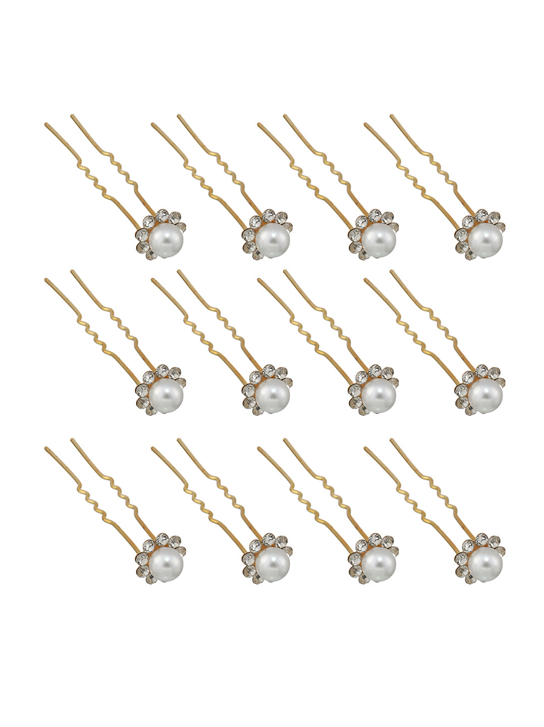 Women Set of 12 Gold Plated & White Pearl Beaded U Pins - Jazzandsizzle