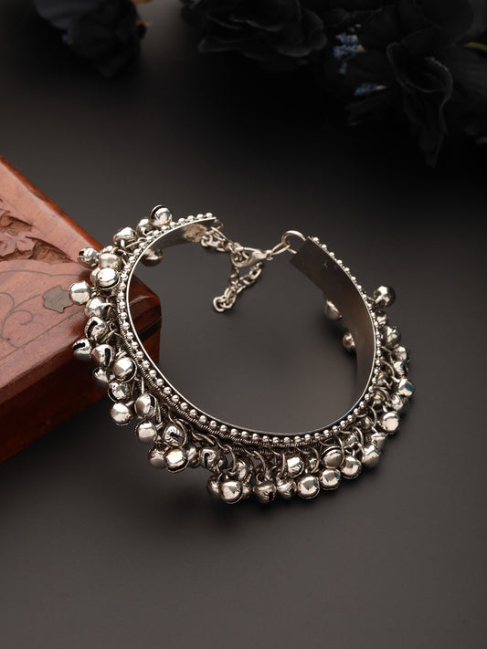 Silver Plated Ghungroo Beaded Oxidised Handcrafted Bangle Style Bracelet - Jazzandsizzle