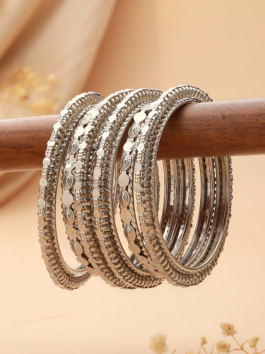 Jazz And Sizzle Set of 6 Oxidised Silver-Plated Textured Bangles Set - Jazzandsizzle