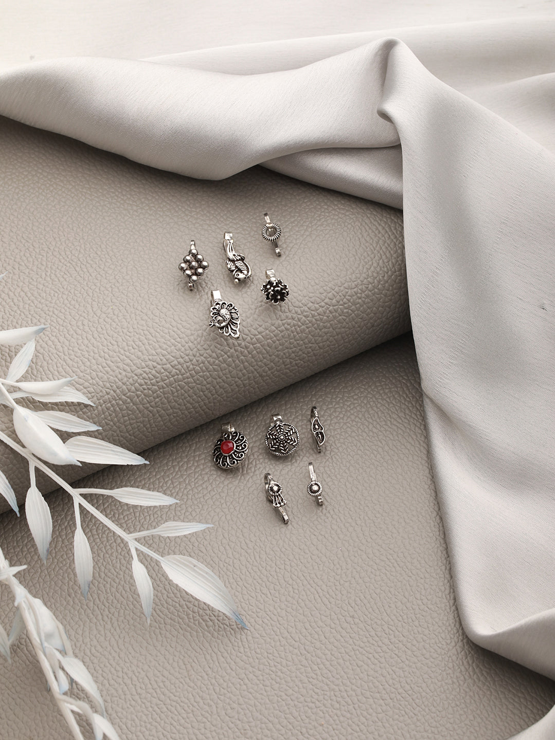 Set of 10 Silver-Plated Oxidised Stone Studded Nose Pins - Jazzandsizzle