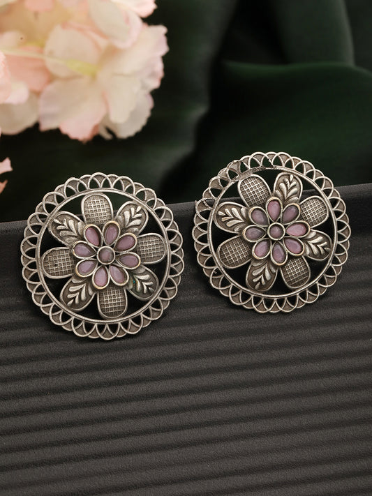 Pink & Silver-Plated & Oxidised Textured Floral Studs Earrings - Jazzandsizzle