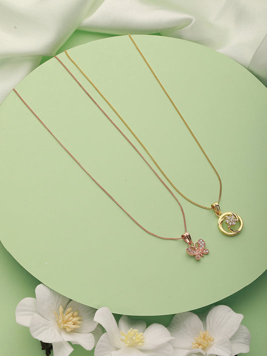 Set Of 2 Rose Gold Plated & Gold Plated Pendant With Chain - Jazzandsizzle