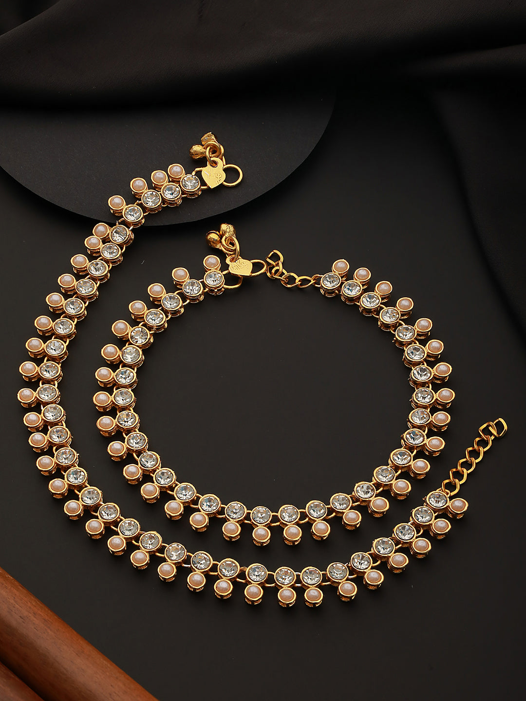 Set of 2 Gold Plated Kundan Studded & Pearl Beaded Anklets