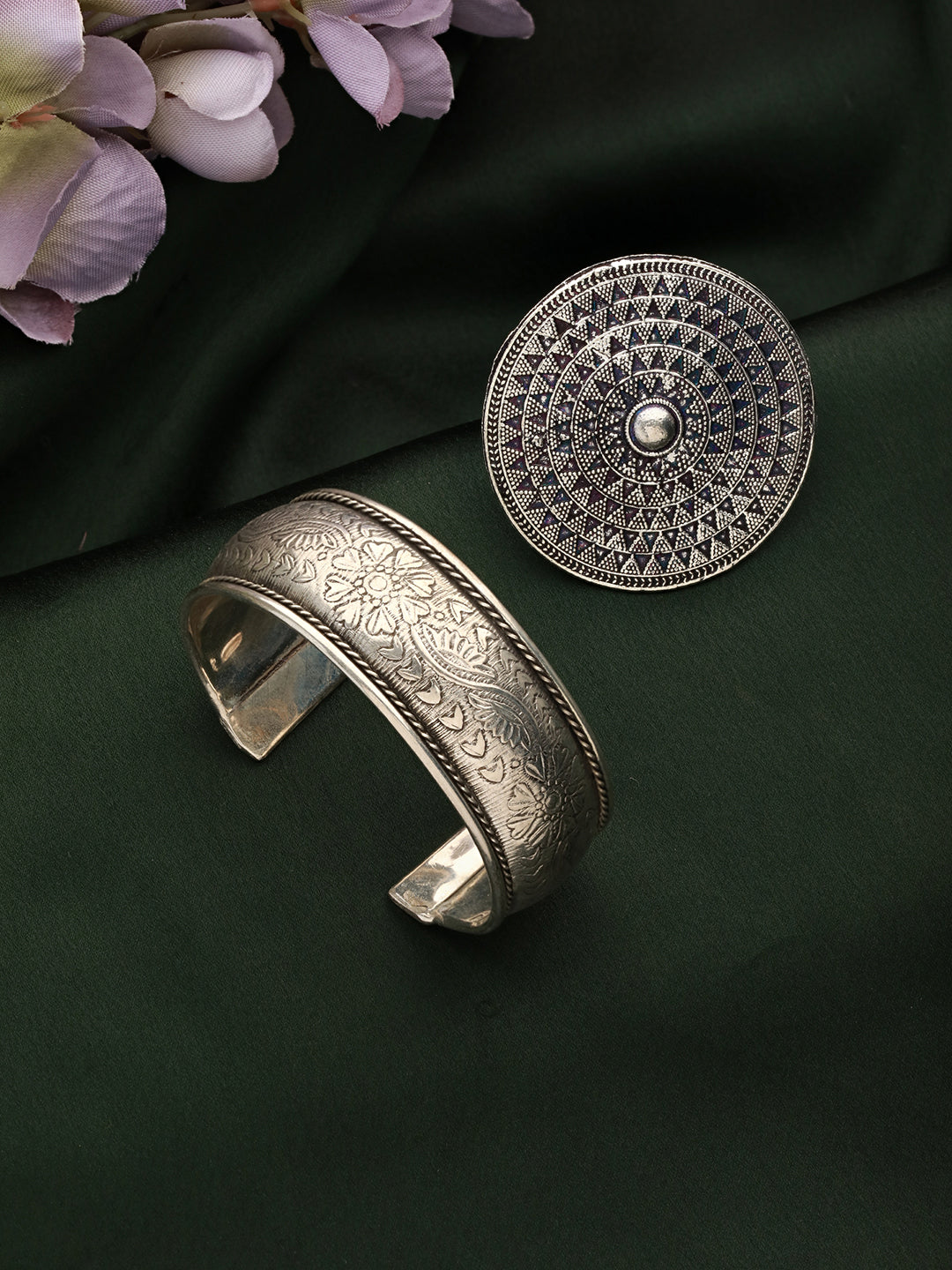 SET OF 2 Women Silver-Plated & Oxidised Cuff Bracelet with Textured Ring - Jazzandsizzle