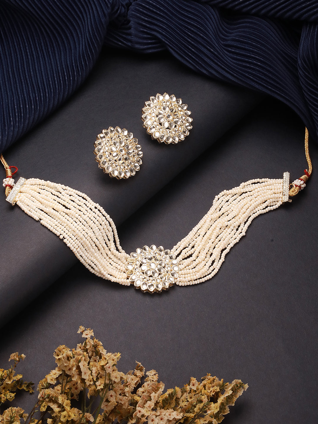 Jazz And Sizzle Gold-Plated Kundan-Studded & Beaded White Floral Necklace & Earrings Set