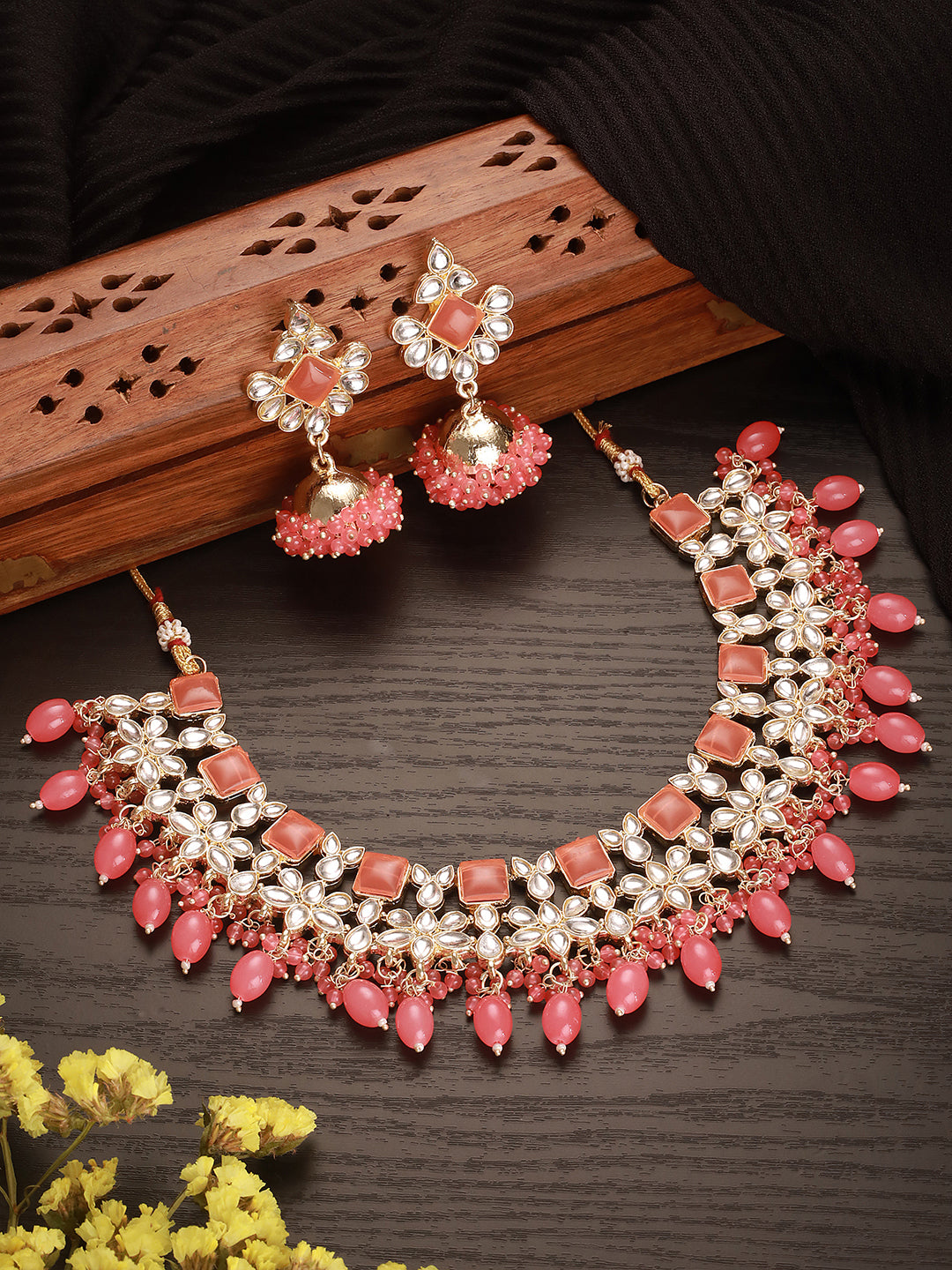 Jazz And Sizzle Gold-Plated Peach Pink Kundan-Studded & Beaded Necklace & Earrings Set