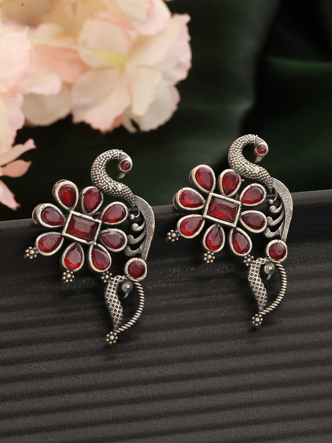 Silver Plated & Red Stone Studded Oxidised Peacock Shaped Drop Earrngs - Jazzandsizzle