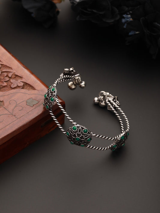 Silver Plated Green Stone Studded Oxidised Handcrafted Cuff Style Bracelet - Jazzandsizzle