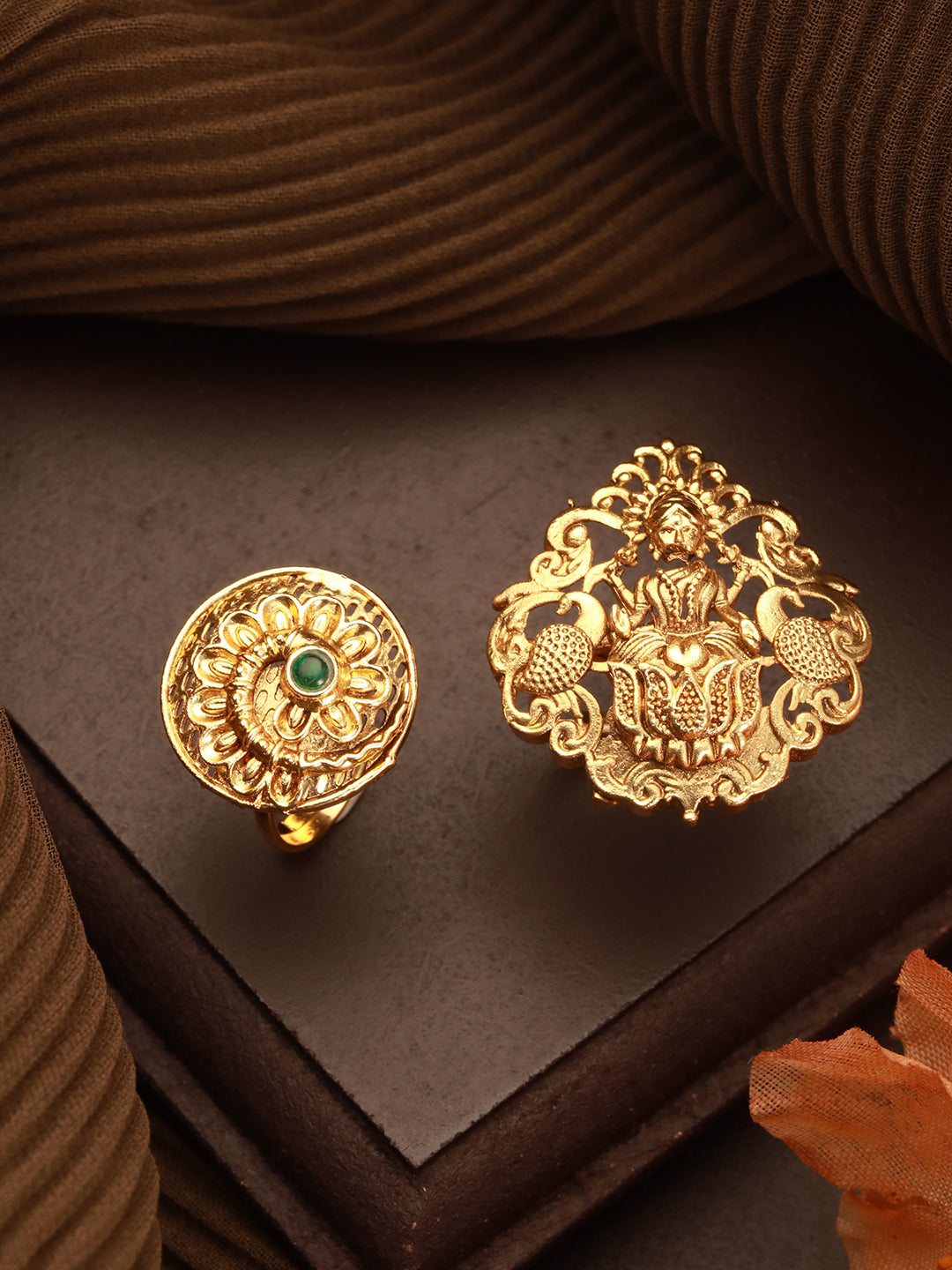 Set Of 2 Gold-Plated Red & Green Stone Studded Rings