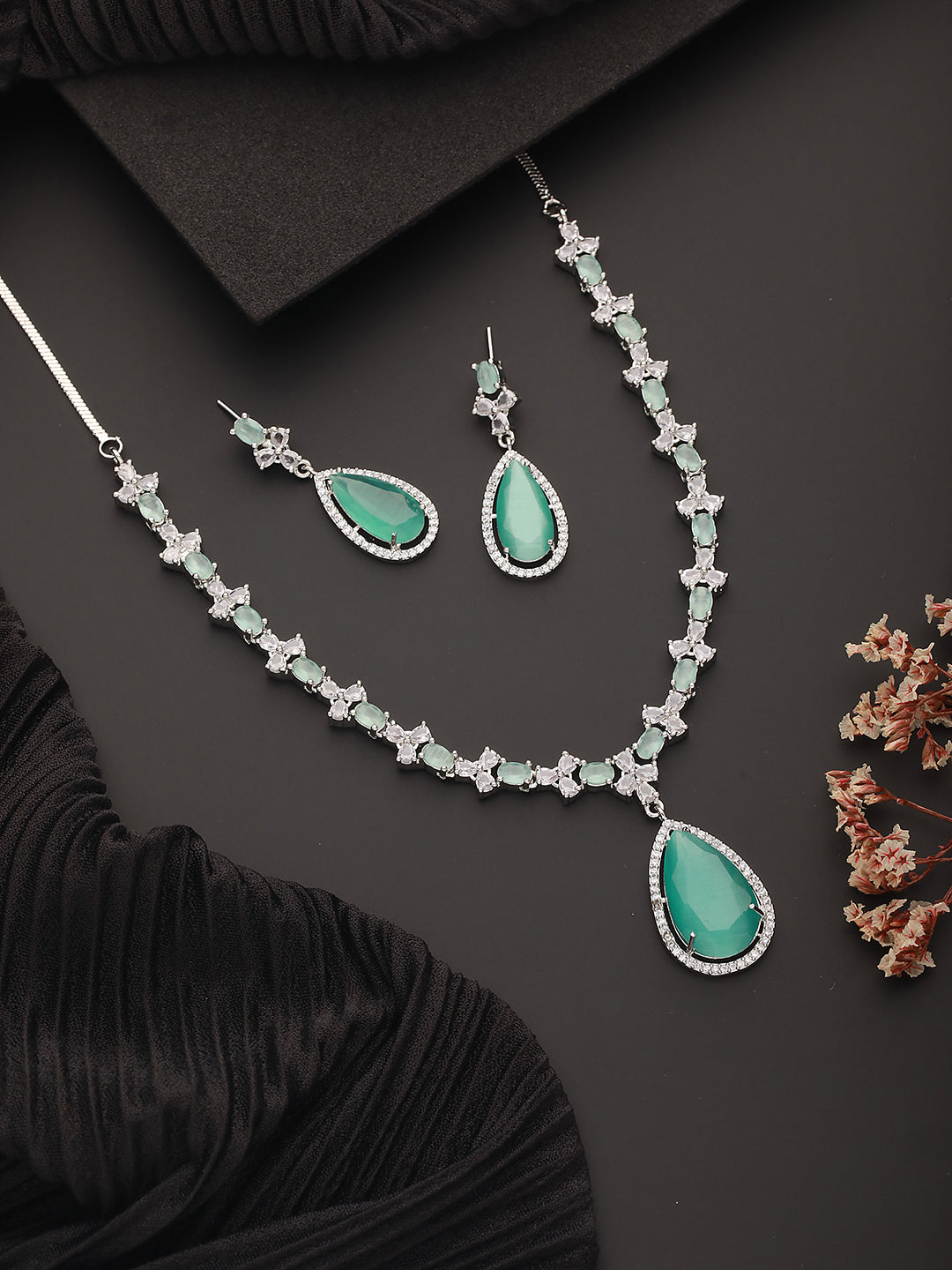 Rhodium-Plated Mint Green American Diamond Studded Handcrafted Jewelry Set