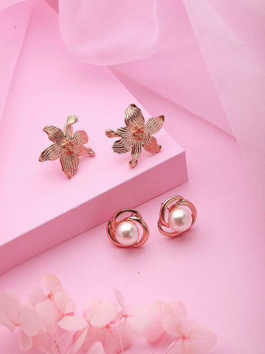 Set of 2 Rose Gold Plated & Pearl Floral Stud Earrings - Jazzandsizzle