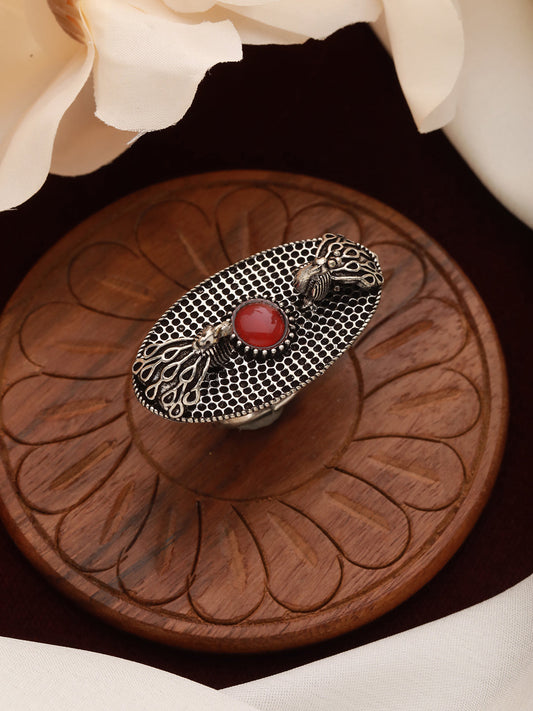 Jazz And Sizzle Oxidized Silver-Plated & Red Stone Studded Handcrafted Adjustable Finger Ring - Jazzandsizzle