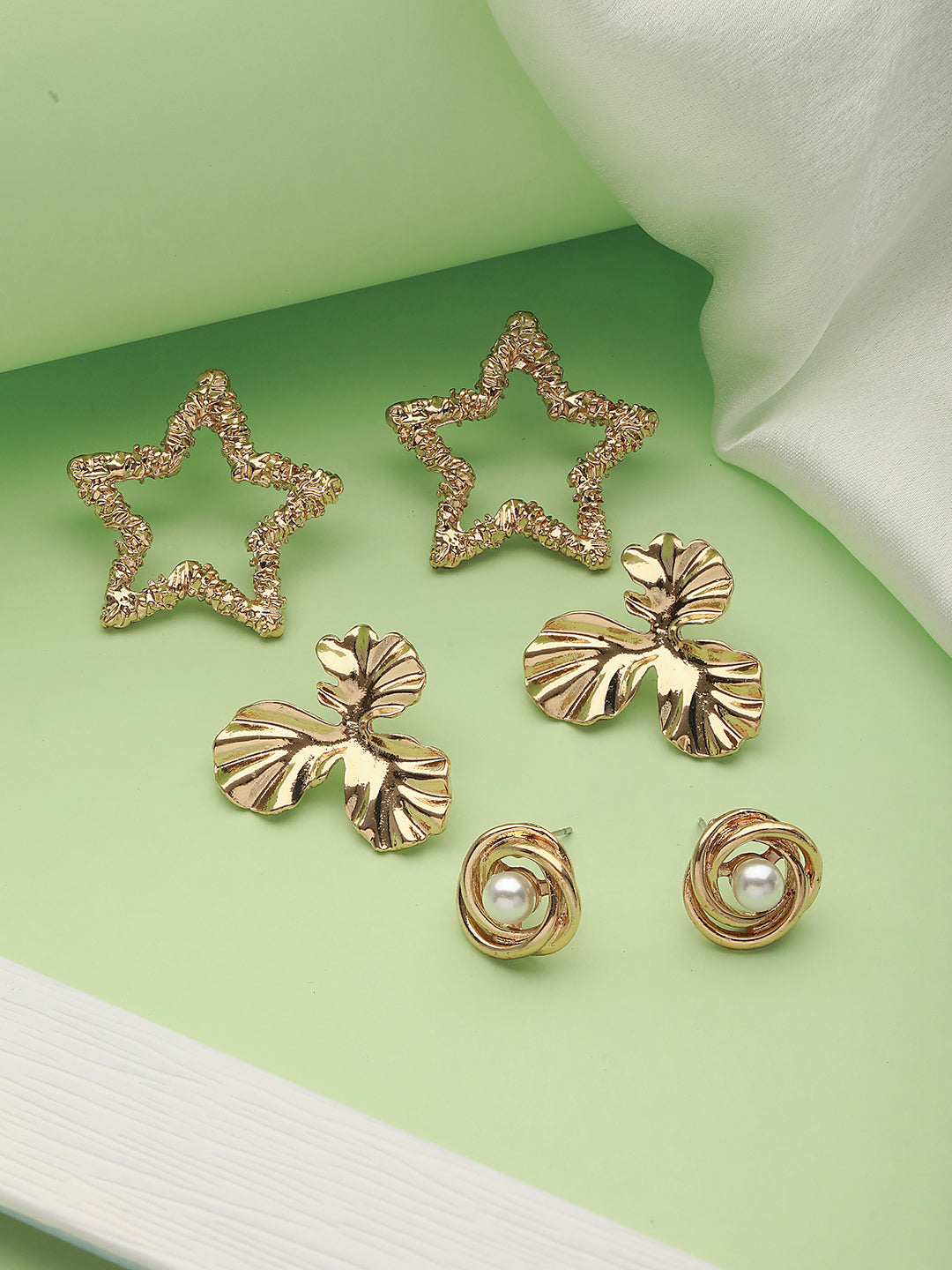 Set of 3 Gold Plated Star & Floral Shaped Stud Earrings - Jazzandsizzle