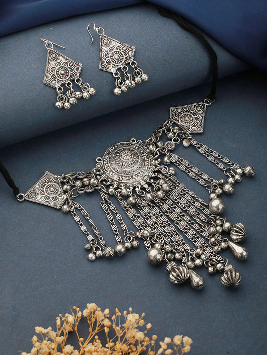 Silver-Plated Oxidised Beaded Necklace & Earrings - Jazzandsizzle