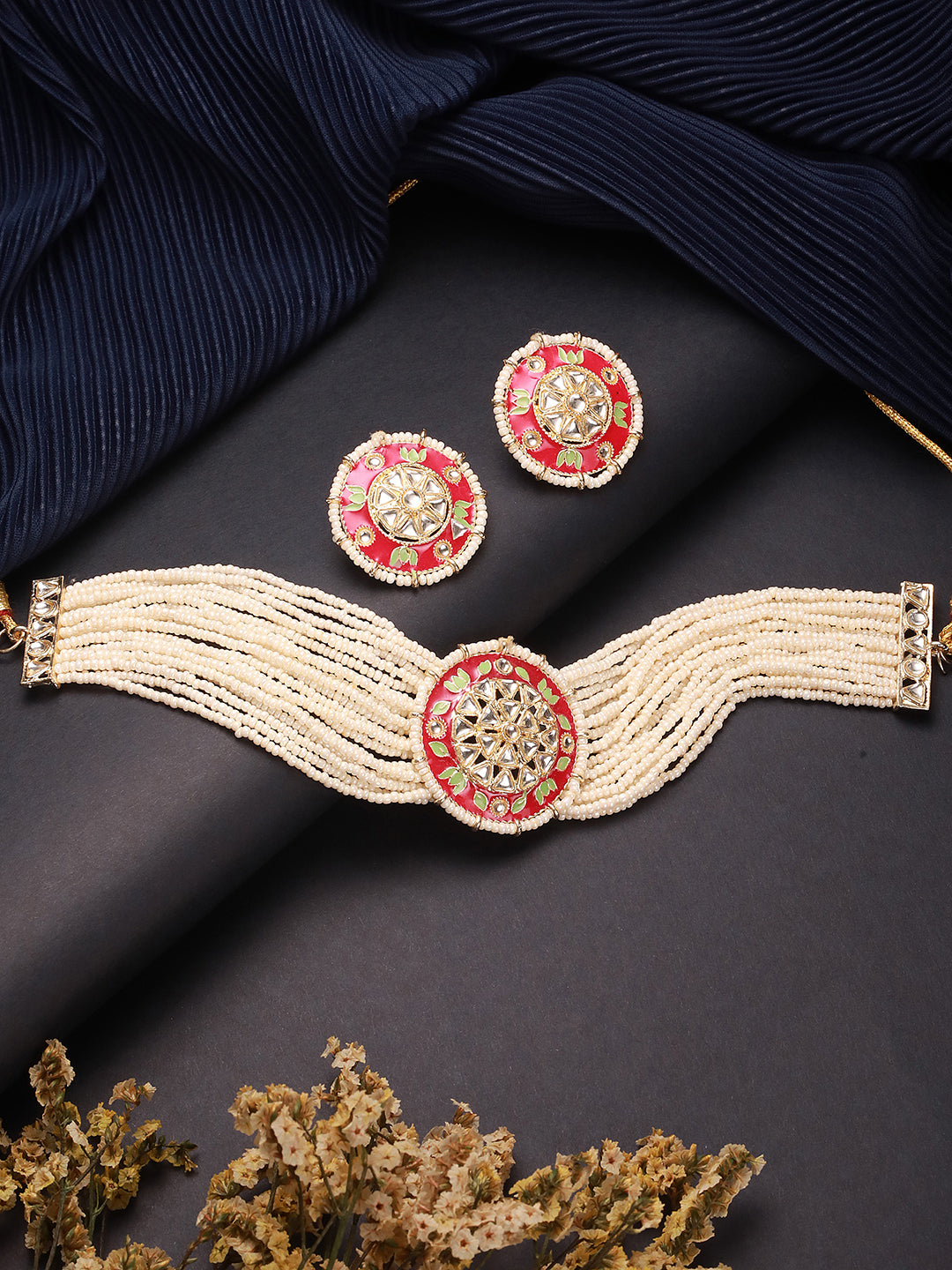 Jazz And Sizzle Gold-Plated Green & Pink Meenakari Work Floral Multistrand Jewellery Set