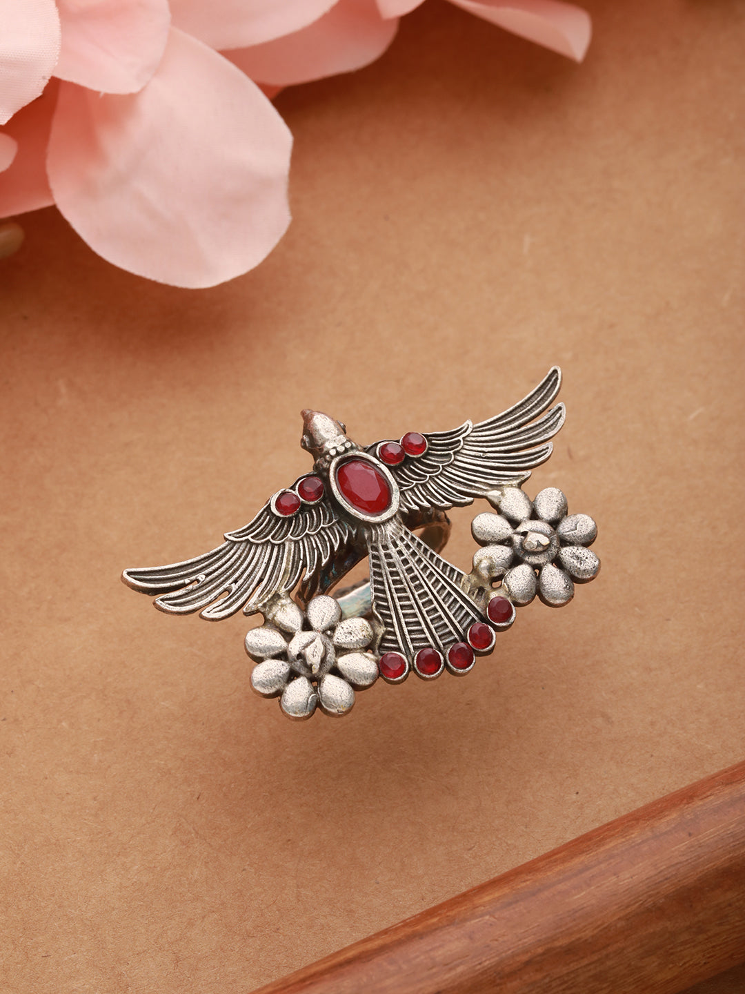 Silver Plated & Red Stone-Studded Oxidised Bird Shaped Adjustable Finger Ring - Jazzandsizzle