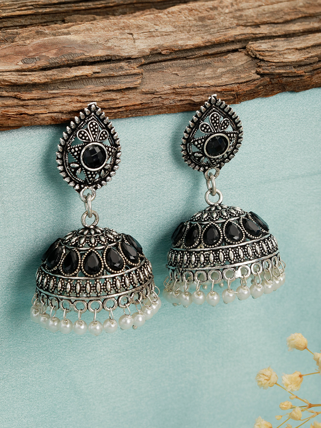 Black Stone Studded & Pearl Beaded Dome Shaped Jhumka Earrings