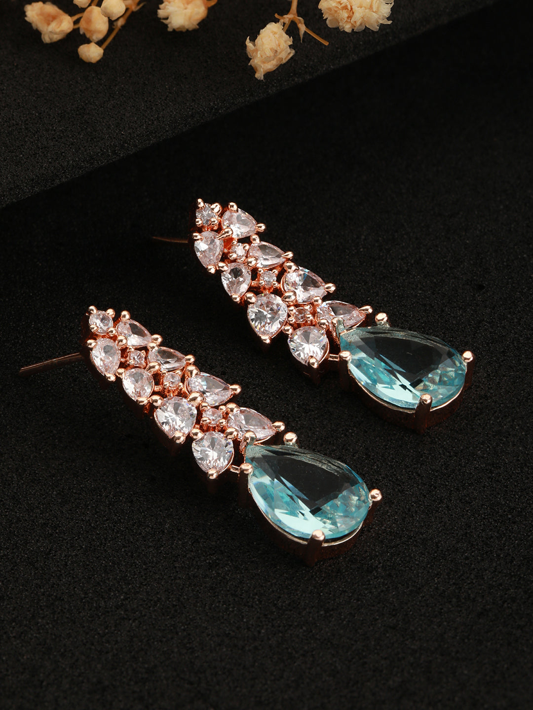 Rose Gold-Plated & Octa Blue AD-Studded Handcrafted Teardrop Drop Earrings - Jazzandsizzle