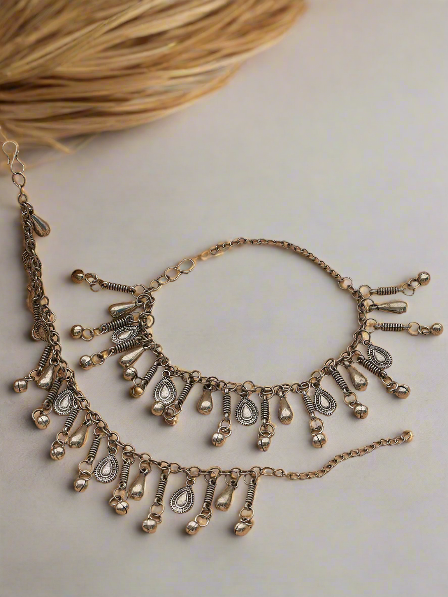 Set Of 2 Oxidised Silver-Plated & Heart Charm Ghungroo Anklets