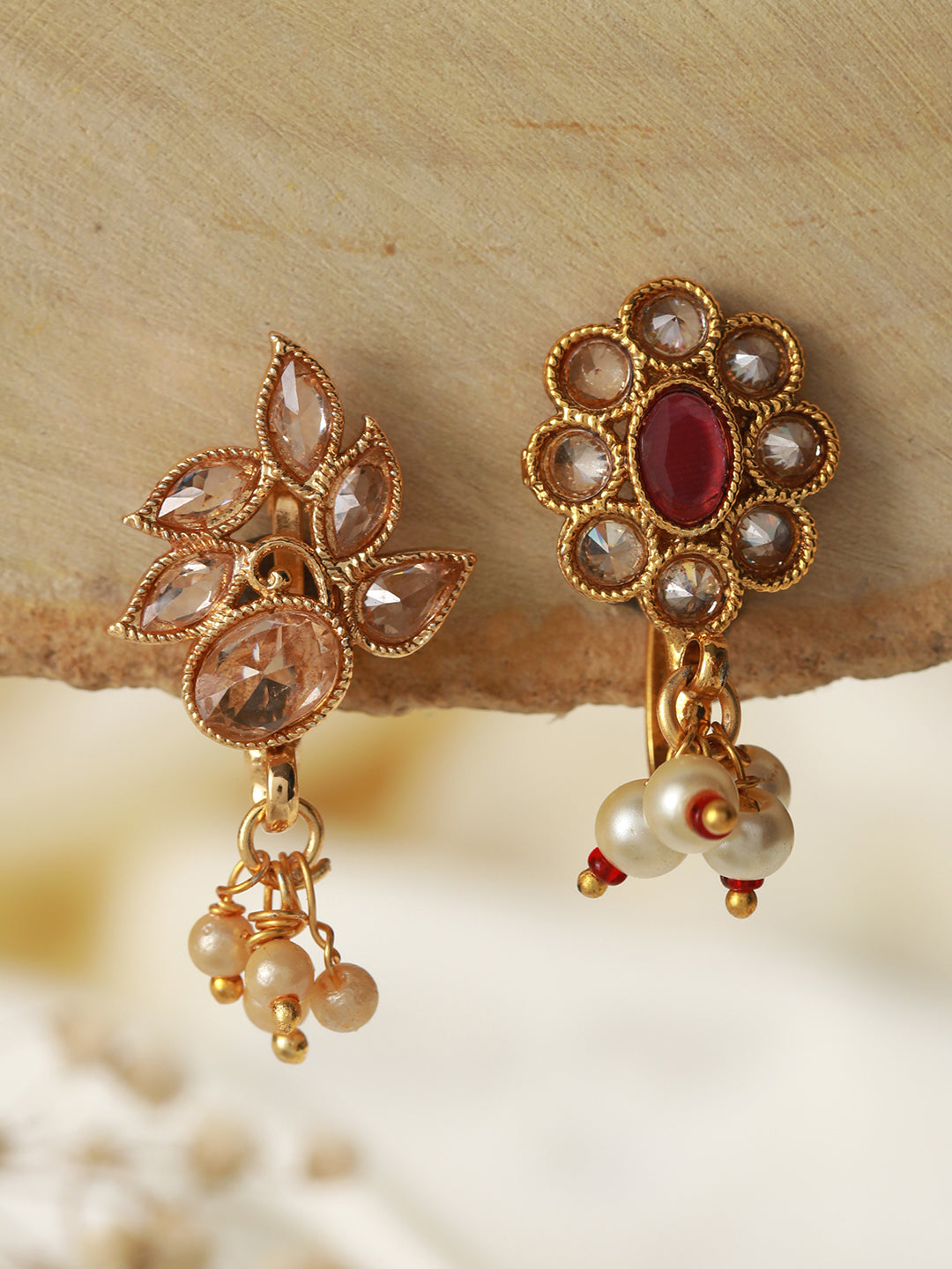 Set Of 2 Gold-Plated Red & White Kundan Studded Nose Pin - Jazzandsizzle