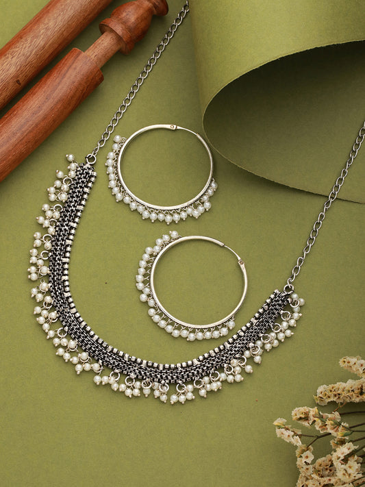 Oxidised Silver Plated & Pearl Beaded Necklace with Hoop Earrings - Jazzandsizzle