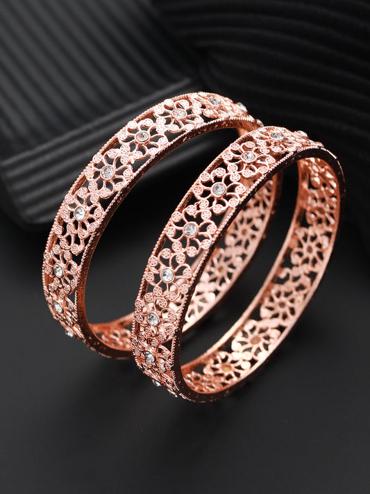 Jazz And Sizzle Set of 2 Rose Gold-Plated Cubic Zirconia Studded Bangles - Jazzandsizzle