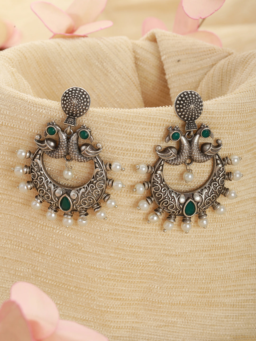 Oxidized Silver-Toned Green Stone studded & Pearl Dome Shaped Chandbalis - Jazzandsizzle