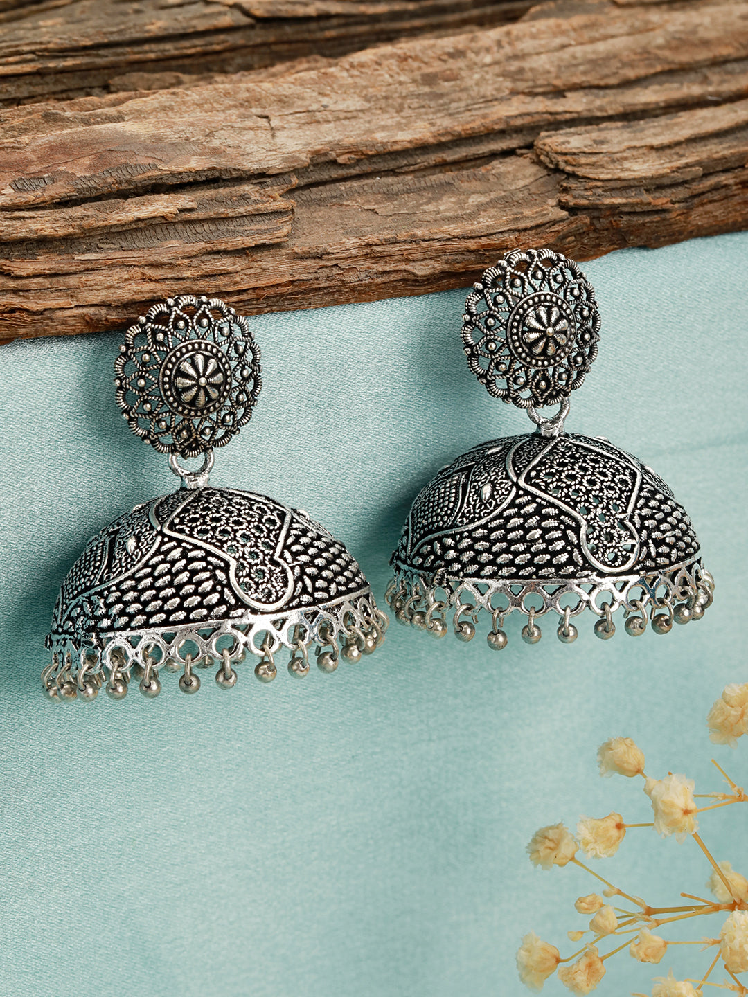 Silver-Toned & Silver Plated Dome Shaped Jhumkas Earrings - Jazzandsizzle