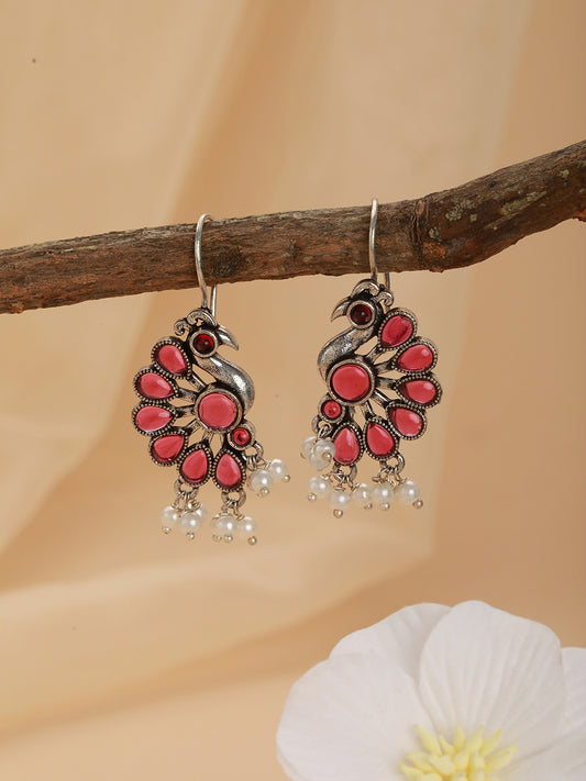 Silver-Plated Red Stone Studded & Pearl Beaded Peacock Shaped Drop Earrings - Jazzandsizzle