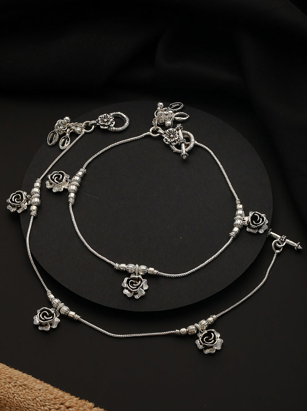 Set of 2 Oxidized Silver-Plated Rose Motif Anklets with Ghungroo Detail