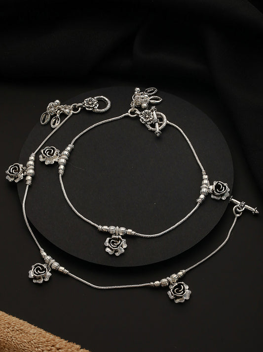 Set of 2 Oxidized Silver-Plated Rose Motif Anklets with Ghungroo Detail - Jazzandsizzle