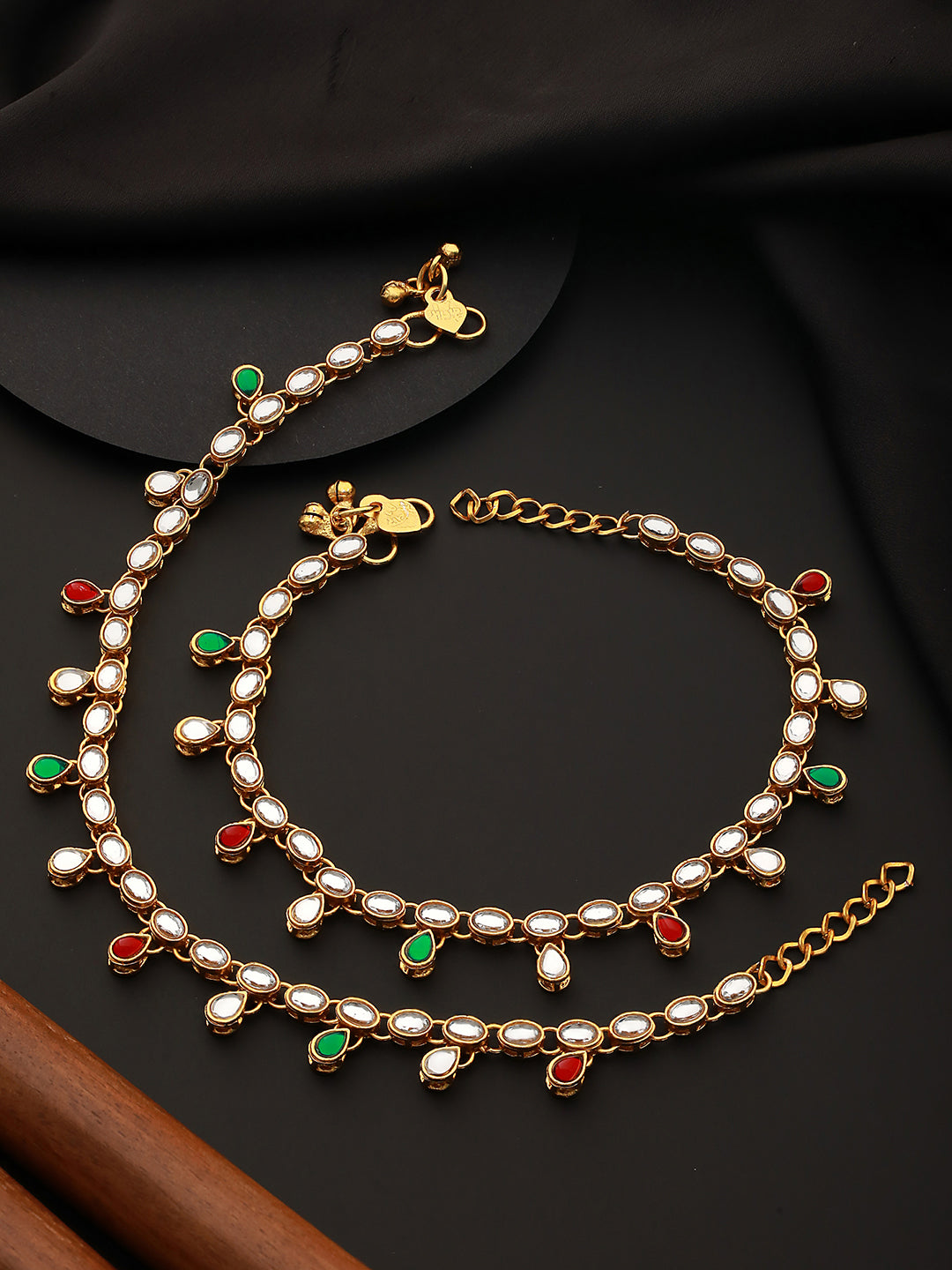 Set of 2 Gold Plated Green & Red Kundan Studded Anklets - Jazzandsizzle