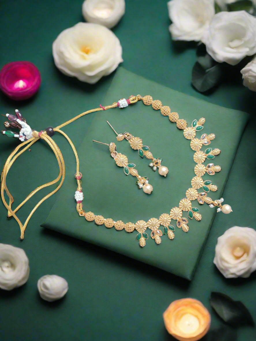 Gold-Plated & Green Stone Studded Handcrafted Jewellery Set