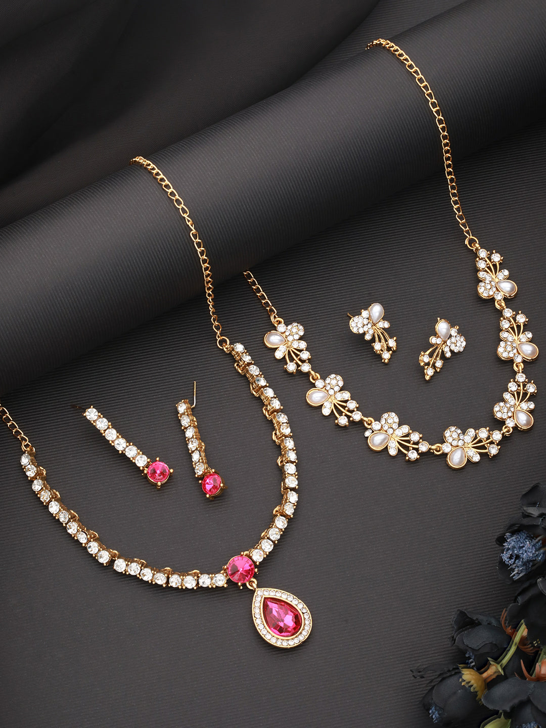 Set Of 2 Gold-Plated Cz & Pearl Studded & Beaded Jewelry Set