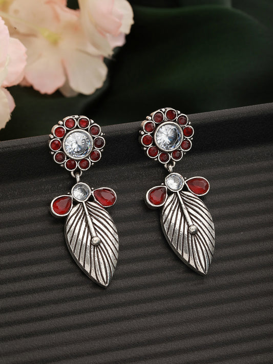 Silver-Plated Red & White Stone Studded Contemporary Drop Earrings - Jazzandsizzle