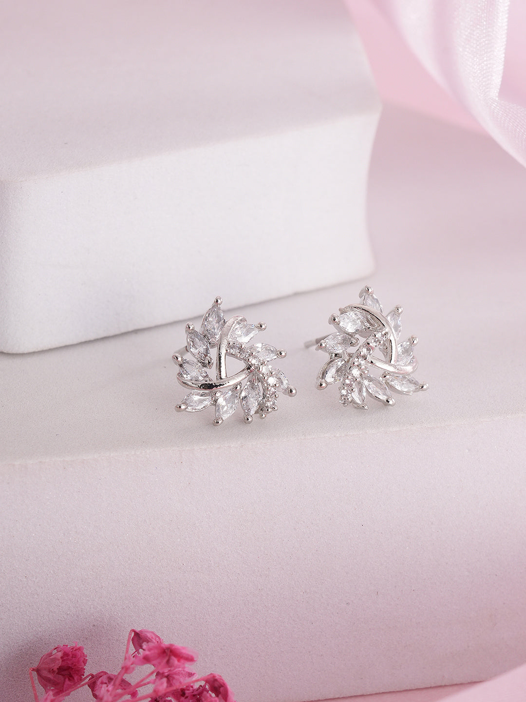 Jazz And Sizzle Rhodium-Plated CZ Studded Triangular Floral Studs Earrings