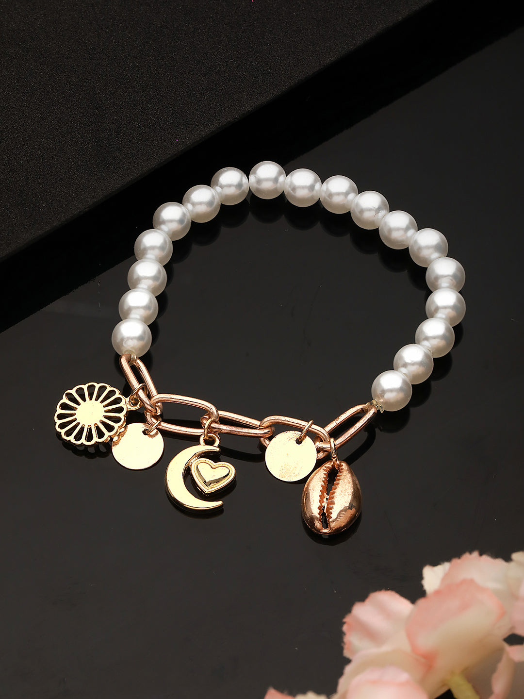 Gold-Toned Sea Shell Heart Moon & Pearls Hanging Charm Bracelet - Jazzandsizzle