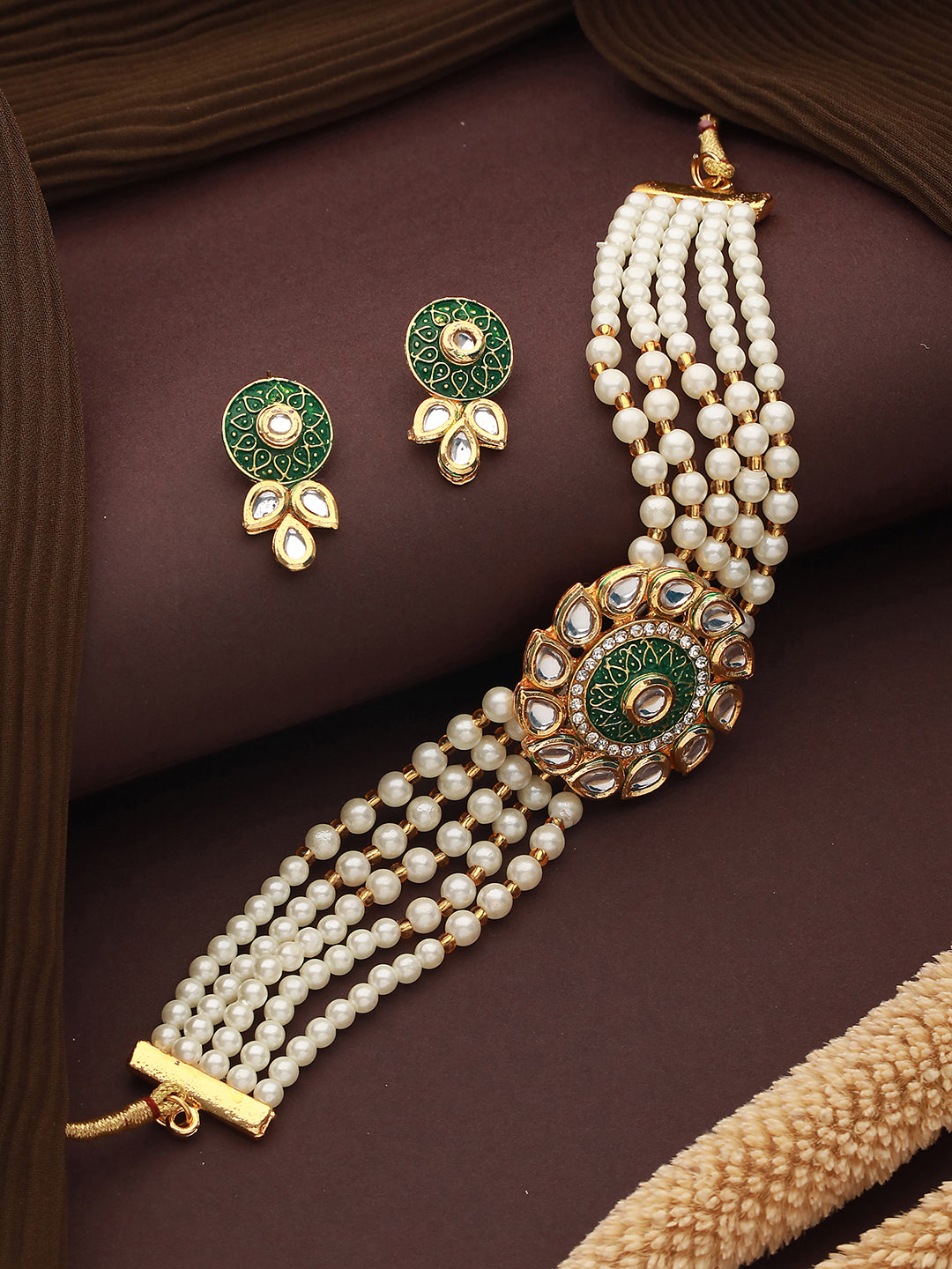 Gold-Plated Kundan-Studded & Beaded Meenakari Necklace & Earrings - Jazzandsizzle