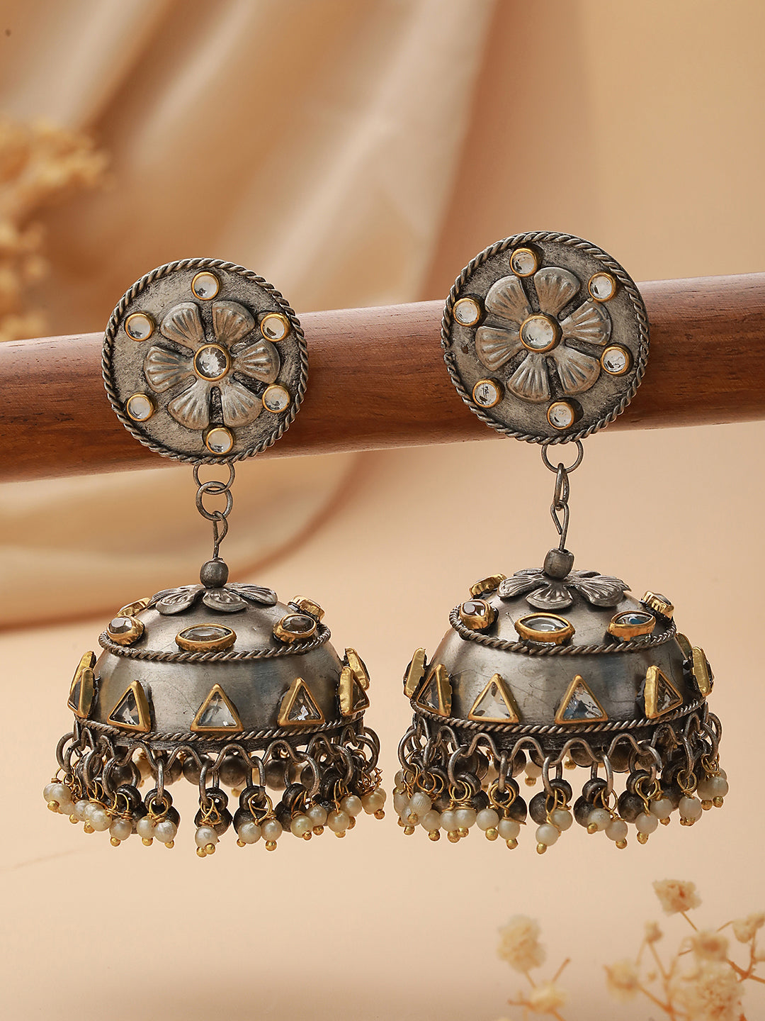 Silver-Plated Kundan-Studded Dome Shaped Jhumkas Earrings - Jazzandsizzle