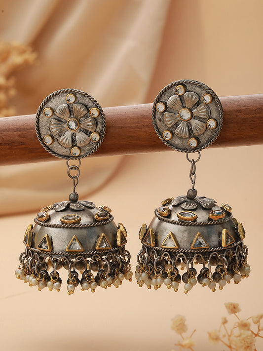 Silver-Plated Kundan-Studded Dome Shaped Jhumkas Earrings - Jazzandsizzle