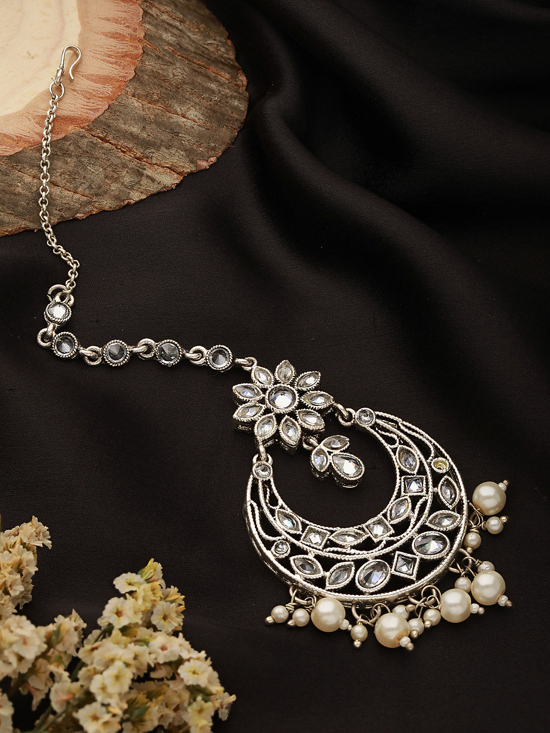 Silver-Plated White AD-Studded Maang Tikka - Jazzandsizzle