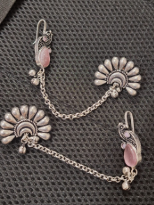 Jazz And Sizzle Silver Plated Artificial Pink Stone Studded & Beaded Peacock Ear Cuff